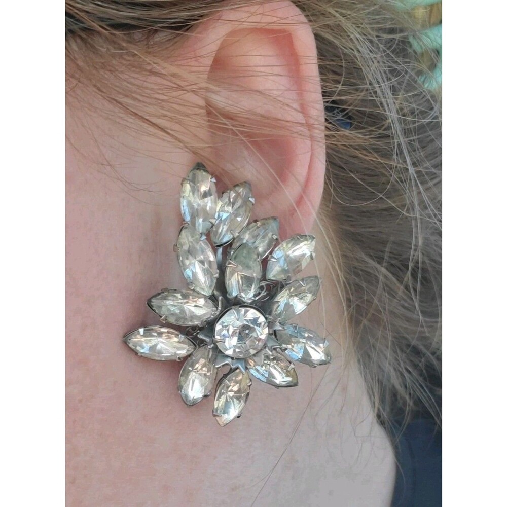 Vtg Rhinestone Cluster Clip-On Earrings Clear Silver Tone 2" Costume Estate Big!